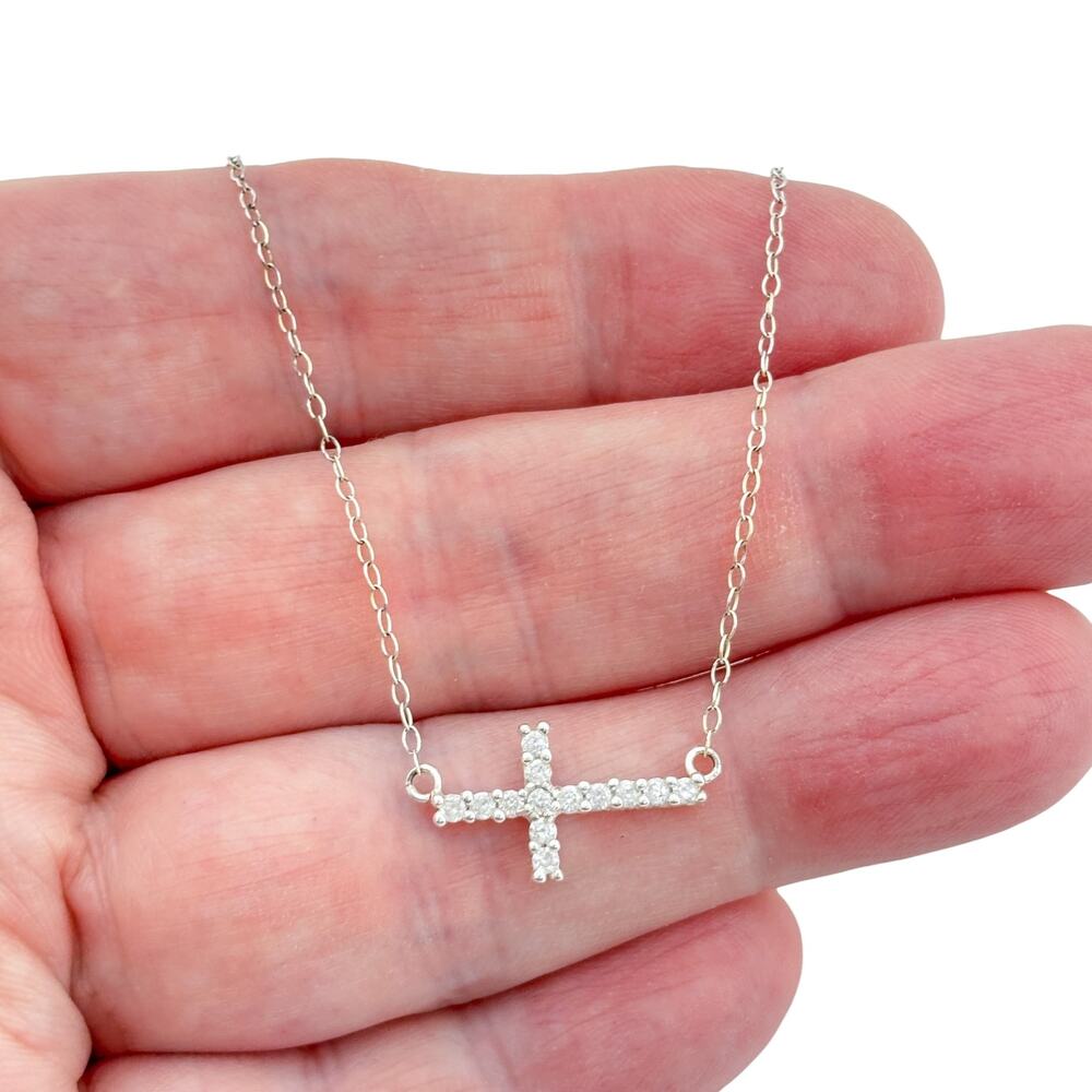 Vintage Sterling Silver 925 Cubic Zirconia Cross Necklace 18"